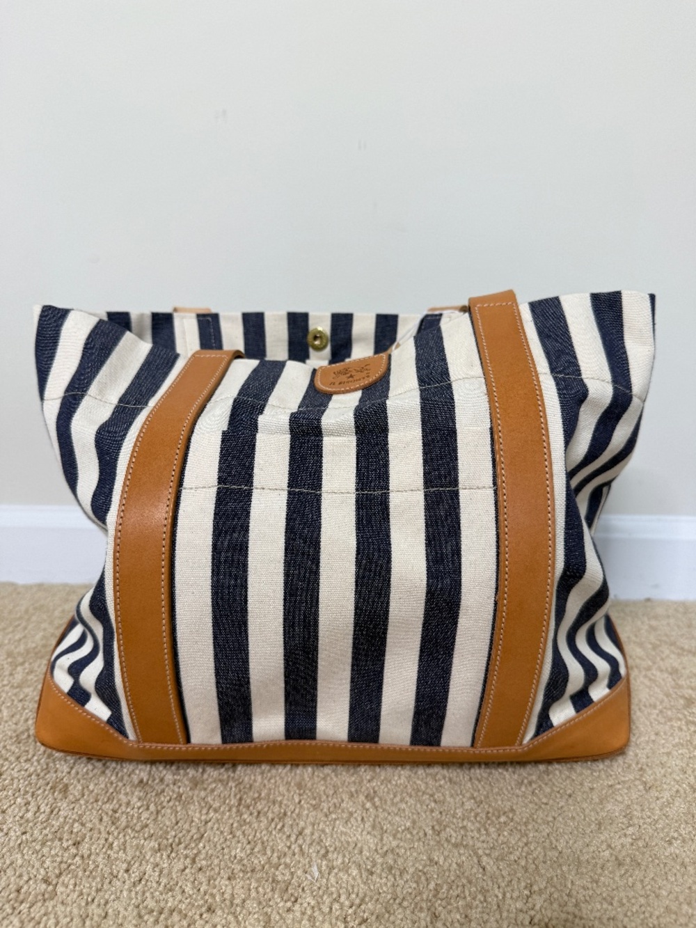 Striped Canvas Tote with Tan Leather Trim